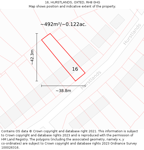 16, HURSTLANDS, OXTED, RH8 0HG: Plot and title map