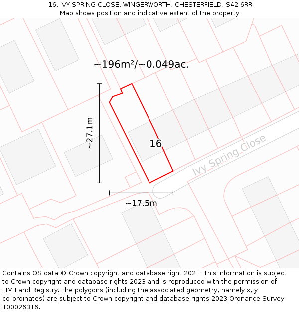 16, IVY SPRING CLOSE, WINGERWORTH, CHESTERFIELD, S42 6RR: Plot and title map