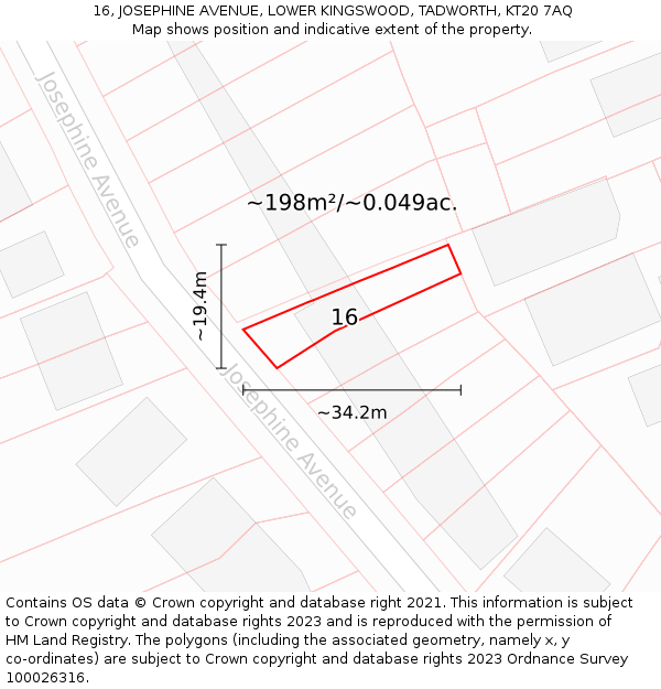16, JOSEPHINE AVENUE, LOWER KINGSWOOD, TADWORTH, KT20 7AQ: Plot and title map