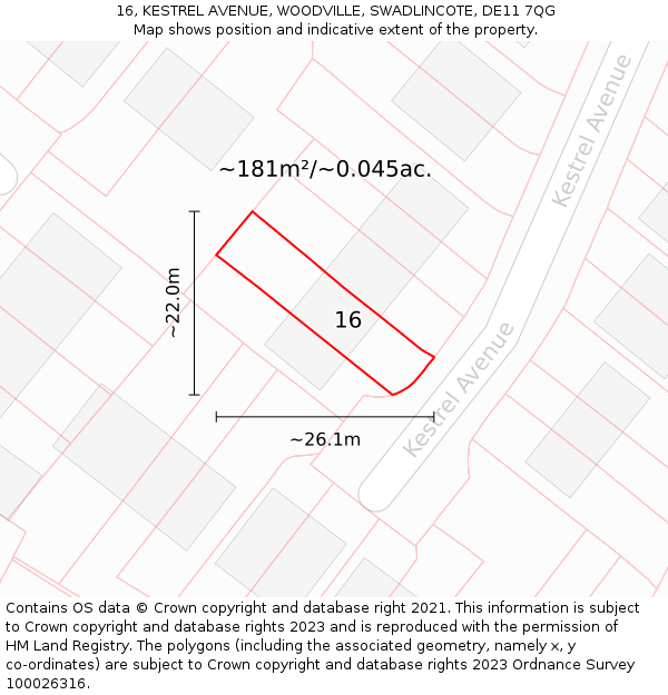 16, KESTREL AVENUE, WOODVILLE, SWADLINCOTE, DE11 7QG: Plot and title map