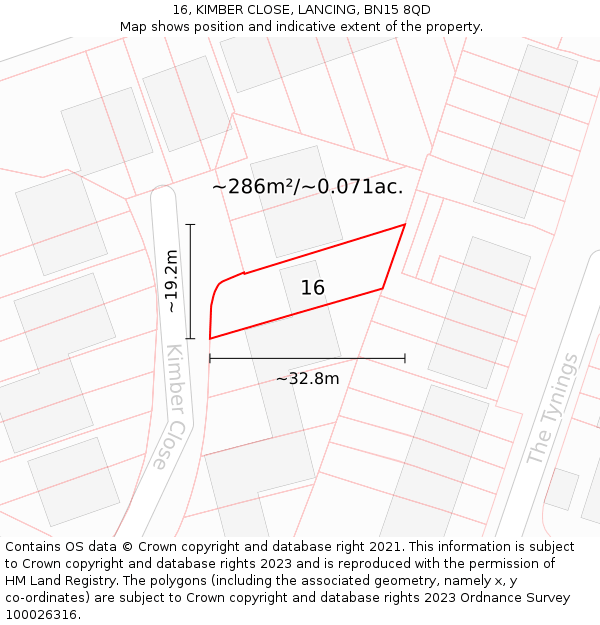 16, KIMBER CLOSE, LANCING, BN15 8QD: Plot and title map