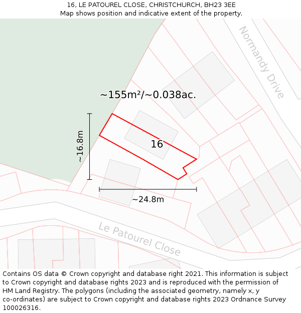 16, LE PATOUREL CLOSE, CHRISTCHURCH, BH23 3EE: Plot and title map