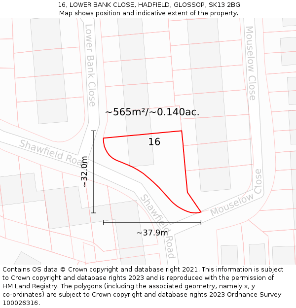 16, LOWER BANK CLOSE, HADFIELD, GLOSSOP, SK13 2BG: Plot and title map