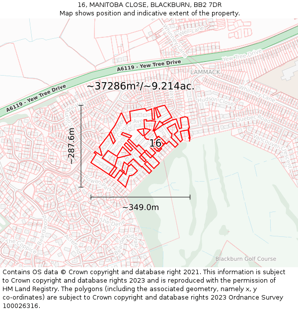 16, MANITOBA CLOSE, BLACKBURN, BB2 7DR: Plot and title map