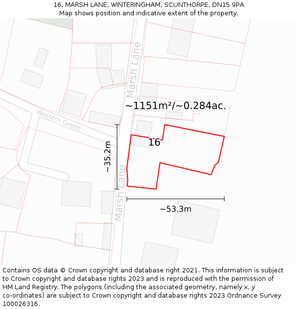 16, MARSH LANE, WINTERINGHAM, SCUNTHORPE, DN15 9PA: Plot and title map