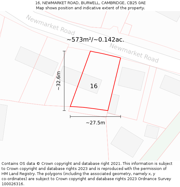 16, NEWMARKET ROAD, BURWELL, CAMBRIDGE, CB25 0AE: Plot and title map