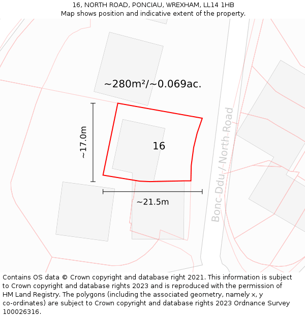 16, NORTH ROAD, PONCIAU, WREXHAM, LL14 1HB: Plot and title map