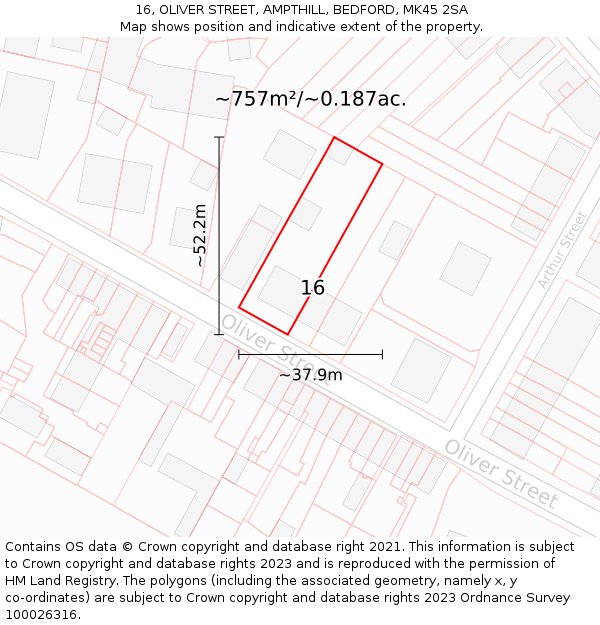 16, OLIVER STREET, AMPTHILL, BEDFORD, MK45 2SA: Plot and title map