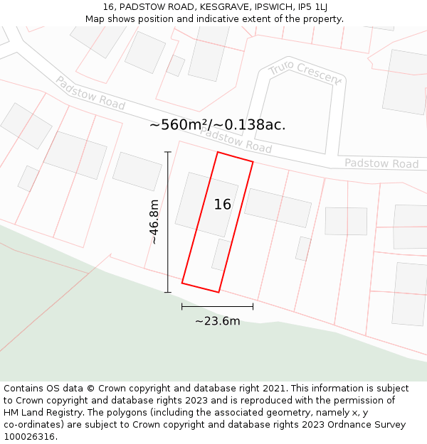 16, PADSTOW ROAD, KESGRAVE, IPSWICH, IP5 1LJ: Plot and title map