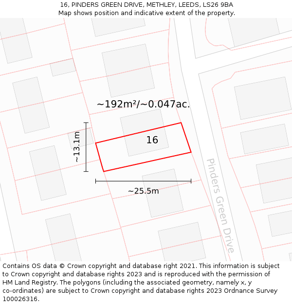 16, PINDERS GREEN DRIVE, METHLEY, LEEDS, LS26 9BA: Plot and title map