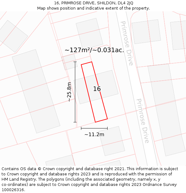 16, PRIMROSE DRIVE, SHILDON, DL4 2JQ: Plot and title map