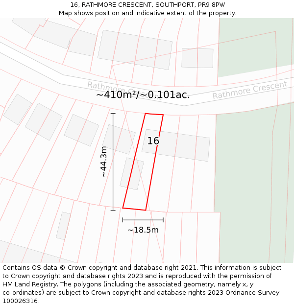 16, RATHMORE CRESCENT, SOUTHPORT, PR9 8PW: Plot and title map