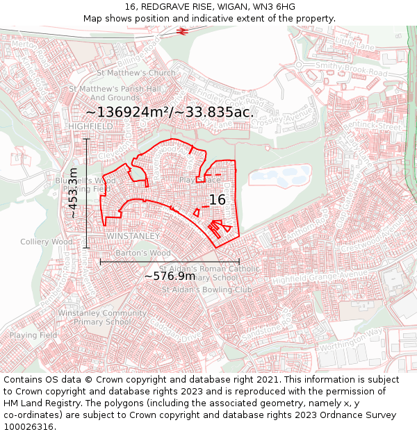 16, REDGRAVE RISE, WIGAN, WN3 6HG: Plot and title map