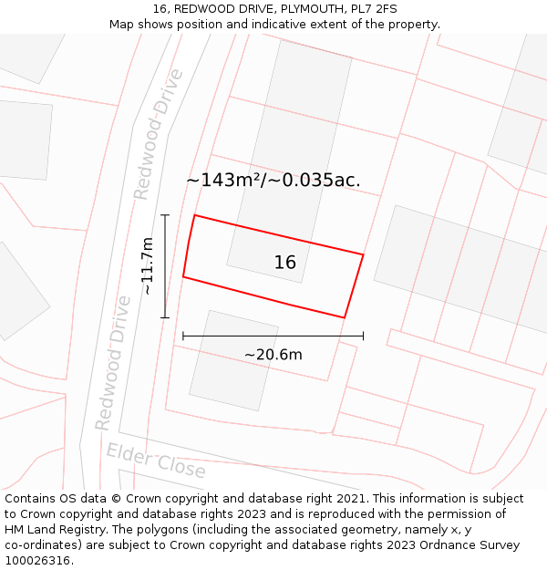 16, REDWOOD DRIVE, PLYMOUTH, PL7 2FS: Plot and title map