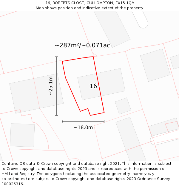 16, ROBERTS CLOSE, CULLOMPTON, EX15 1QA: Plot and title map