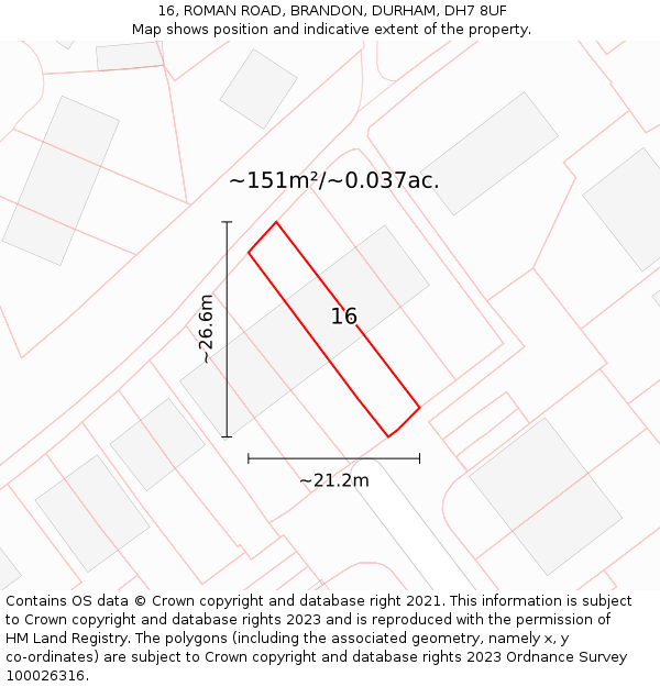 16, ROMAN ROAD, BRANDON, DURHAM, DH7 8UF: Plot and title map