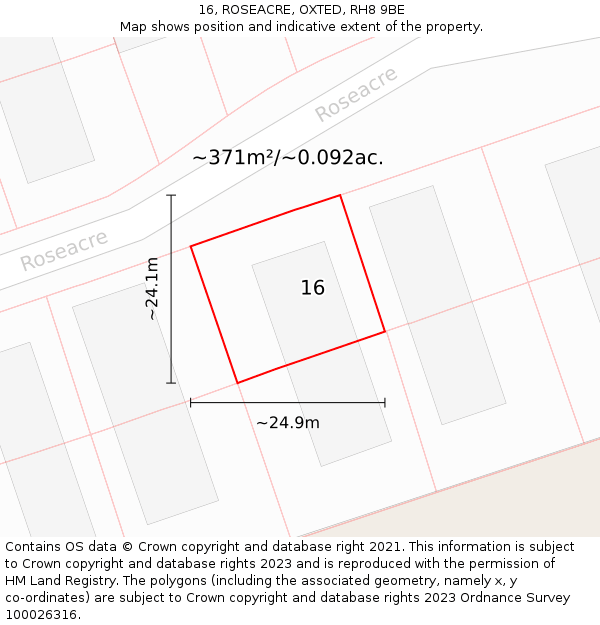 16, ROSEACRE, OXTED, RH8 9BE: Plot and title map