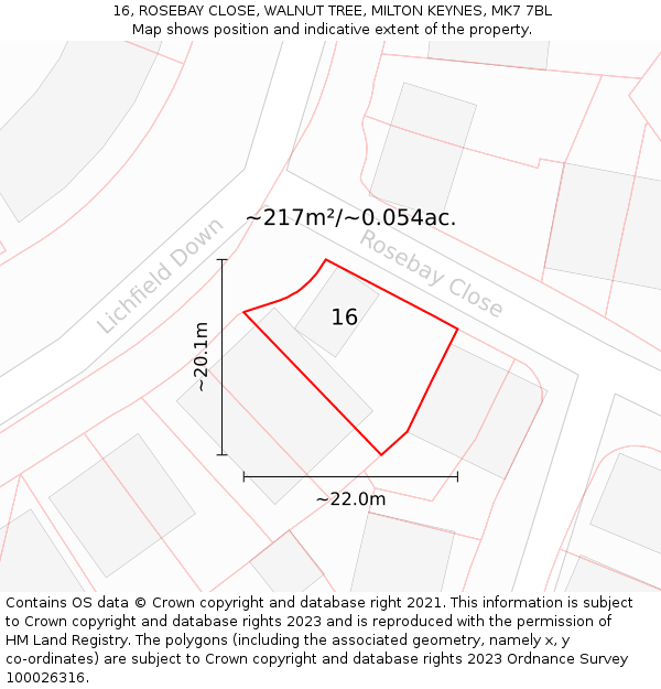 16, ROSEBAY CLOSE, WALNUT TREE, MILTON KEYNES, MK7 7BL: Plot and title map