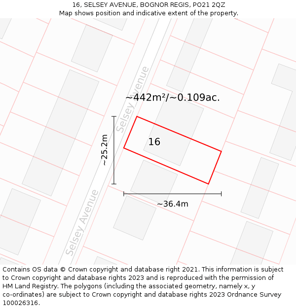 16, SELSEY AVENUE, BOGNOR REGIS, PO21 2QZ: Plot and title map