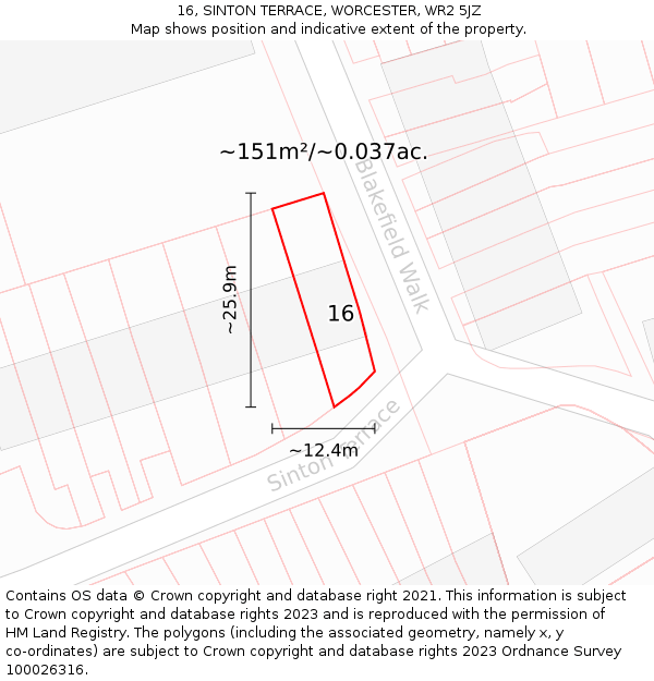 16, SINTON TERRACE, WORCESTER, WR2 5JZ: Plot and title map