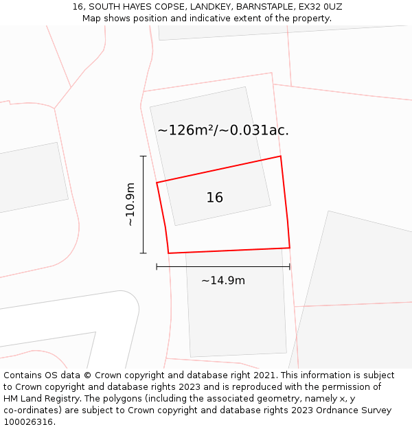 16, SOUTH HAYES COPSE, LANDKEY, BARNSTAPLE, EX32 0UZ: Plot and title map