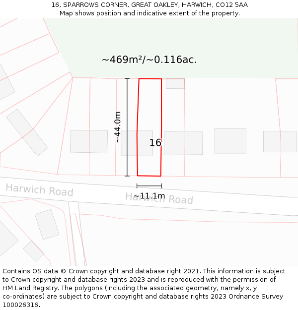 16, SPARROWS CORNER, GREAT OAKLEY, HARWICH, CO12 5AA: Plot and title map