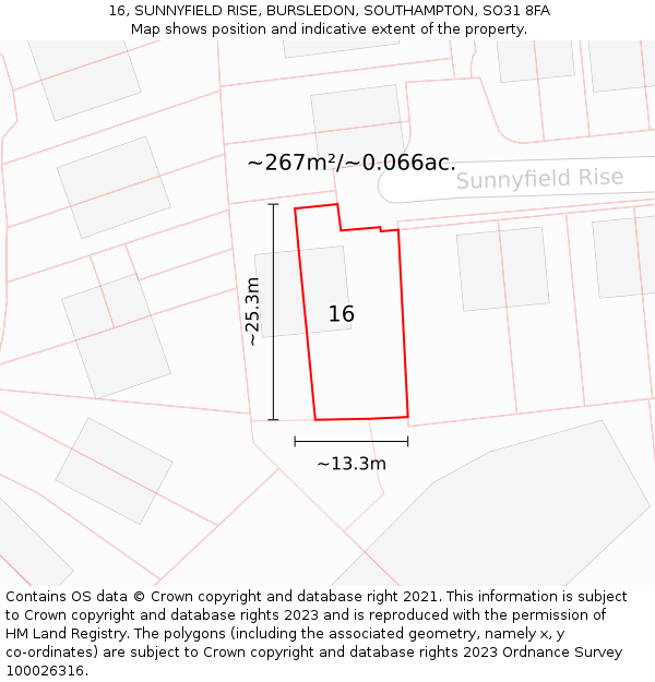 16, SUNNYFIELD RISE, BURSLEDON, SOUTHAMPTON, SO31 8FA: Plot and title map