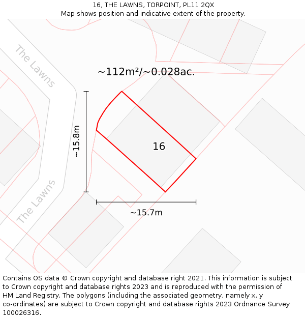 16, THE LAWNS, TORPOINT, PL11 2QX: Plot and title map