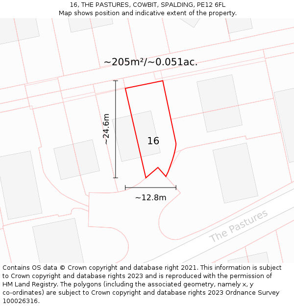 16, THE PASTURES, COWBIT, SPALDING, PE12 6FL: Plot and title map