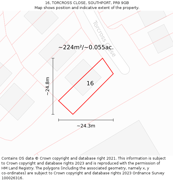 16, TORCROSS CLOSE, SOUTHPORT, PR9 9GB: Plot and title map