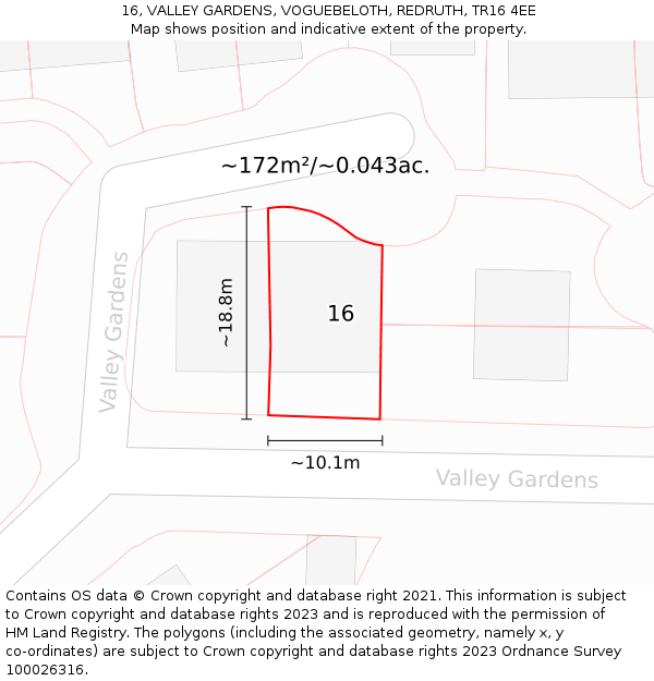 16, VALLEY GARDENS, VOGUEBELOTH, REDRUTH, TR16 4EE: Plot and title map