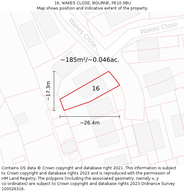 16, WAKES CLOSE, BOURNE, PE10 0BU: Plot and title map