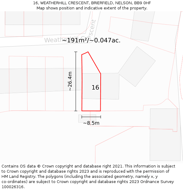 16, WEATHERHILL CRESCENT, BRIERFIELD, NELSON, BB9 0HF: Plot and title map