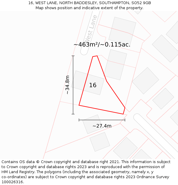 16, WEST LANE, NORTH BADDESLEY, SOUTHAMPTON, SO52 9GB: Plot and title map