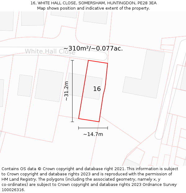 16, WHITE HALL CLOSE, SOMERSHAM, HUNTINGDON, PE28 3EA: Plot and title map