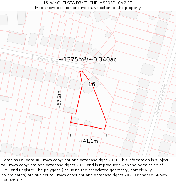 16, WINCHELSEA DRIVE, CHELMSFORD, CM2 9TL: Plot and title map