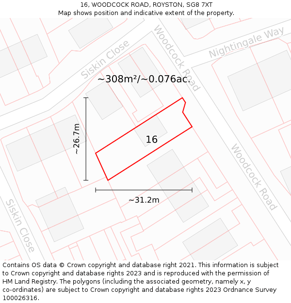 16, WOODCOCK ROAD, ROYSTON, SG8 7XT: Plot and title map