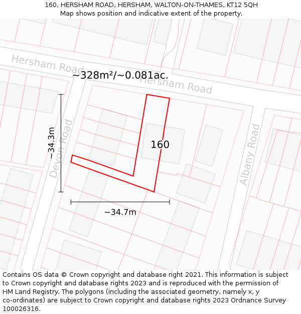 160, HERSHAM ROAD, HERSHAM, WALTON-ON-THAMES, KT12 5QH: Plot and title map