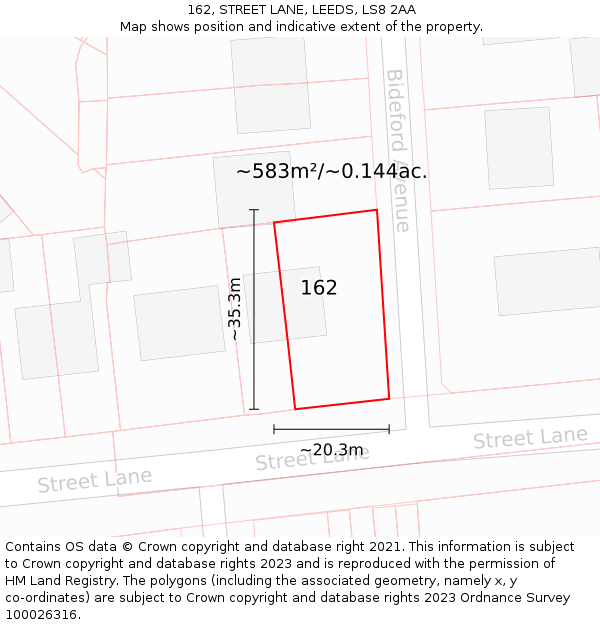 162, STREET LANE, LEEDS, LS8 2AA: Plot and title map