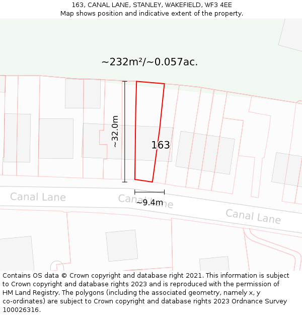 163, CANAL LANE, STANLEY, WAKEFIELD, WF3 4EE: Plot and title map