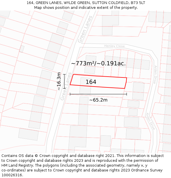 164, GREEN LANES, WYLDE GREEN, SUTTON COLDFIELD, B73 5LT: Plot and title map