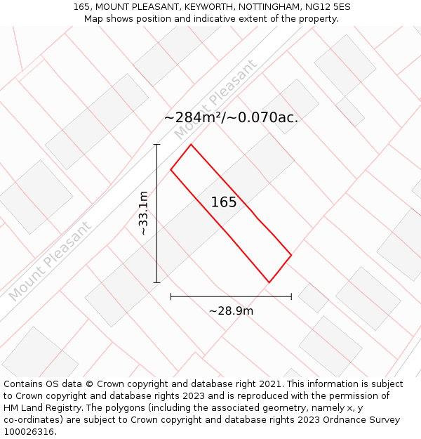 165, MOUNT PLEASANT, KEYWORTH, NOTTINGHAM, NG12 5ES: Plot and title map