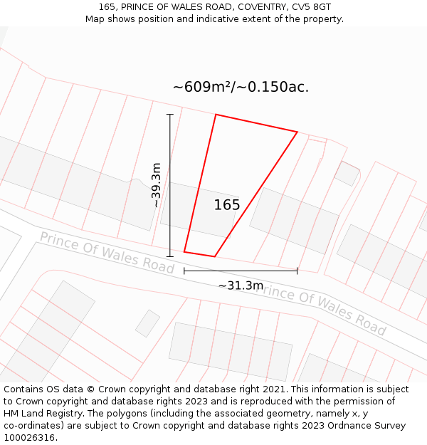 165, PRINCE OF WALES ROAD, COVENTRY, CV5 8GT: Plot and title map