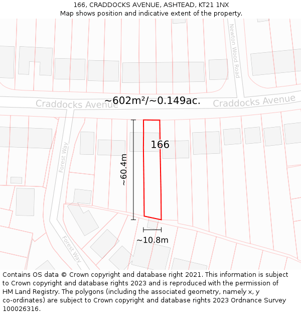 166, CRADDOCKS AVENUE, ASHTEAD, KT21 1NX: Plot and title map