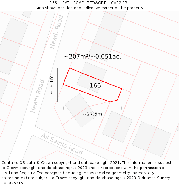 166, HEATH ROAD, BEDWORTH, CV12 0BH: Plot and title map