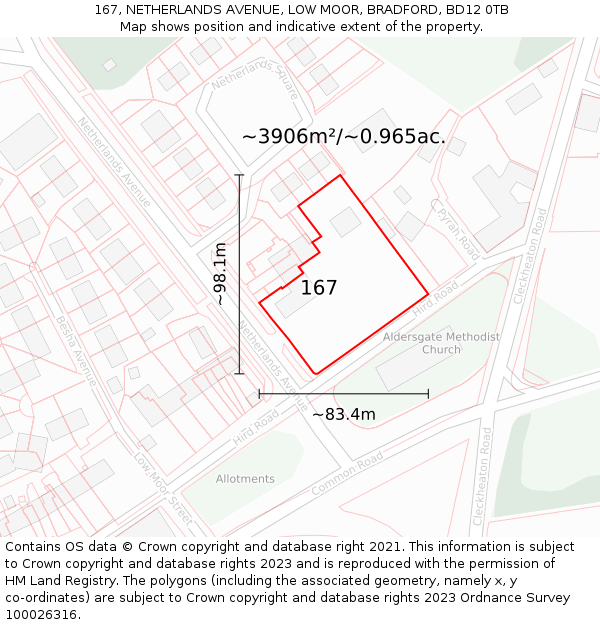 167, NETHERLANDS AVENUE, LOW MOOR, BRADFORD, BD12 0TB: Plot and title map