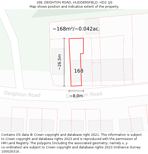 168, DEIGHTON ROAD, HUDDERSFIELD, HD2 1JS: Plot and title map