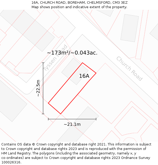 16A, CHURCH ROAD, BOREHAM, CHELMSFORD, CM3 3EZ: Plot and title map