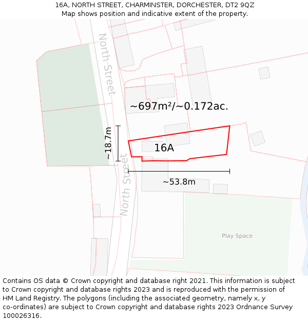 16A, NORTH STREET, CHARMINSTER, DORCHESTER, DT2 9QZ: Plot and title map