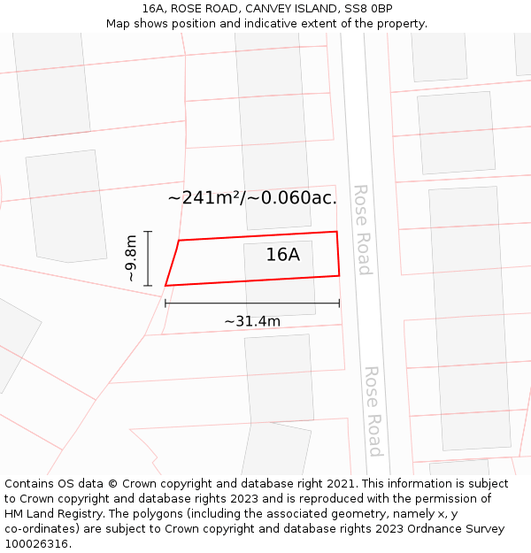 16A, ROSE ROAD, CANVEY ISLAND, SS8 0BP: Plot and title map